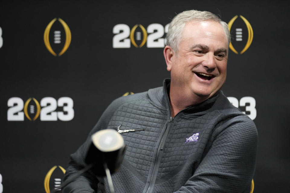 TCU head coach Sonny Dykes speaks during a media day ahead of the national championship NCAA College Football Playoff game between Georgia and TCU, Saturday, Jan. 7, 2023, in Los Angeles. The champoinship football game will be played Monday. (AP Photo/Marcio Jose Sanchez)