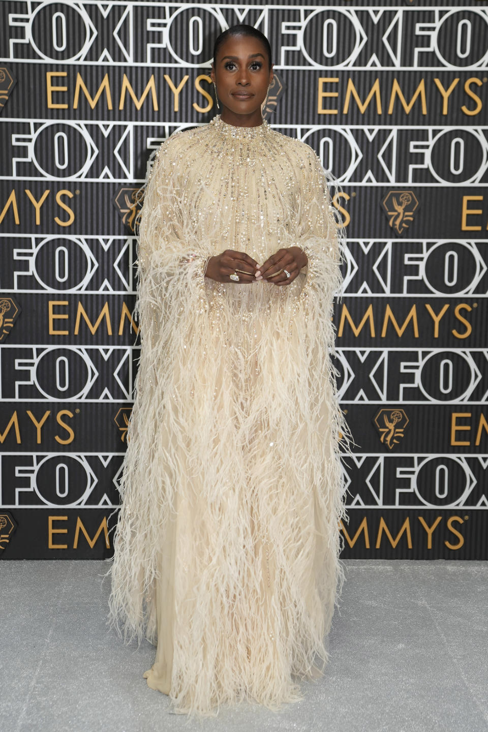 Issa Rae arrives at the 75th Primetime Emmy Awards on Monday, Jan. 15, 2024, at the Peacock Theater in Los Angeles. (AP Photo/Ashley Landis)