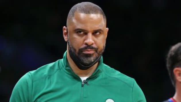 Ime Udoka coaches the Celtics during the NBA Finals against the Golden State Warriors in June. (Photo: Boston Globe via Getty Images)