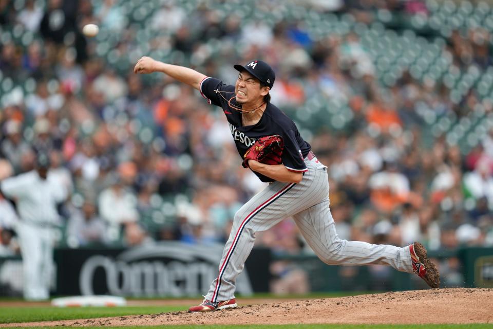 Minnesota Twins pitcher Kenta Maeda throws against the Detroit Tigers in the fourth inning of a game at Comerica Park in Detroit on Friday, June 23, 2023.
