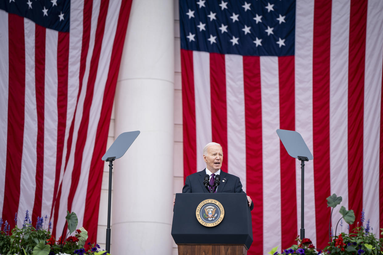 President Joe Biden delivers Memorial Day address at the 156th National Memorial Day Observance in the Memorial Amphitheater at Arlington National Cemetery, Va., on Monday, May 27, 2024. (Haiyun Jiang/The New York Times)