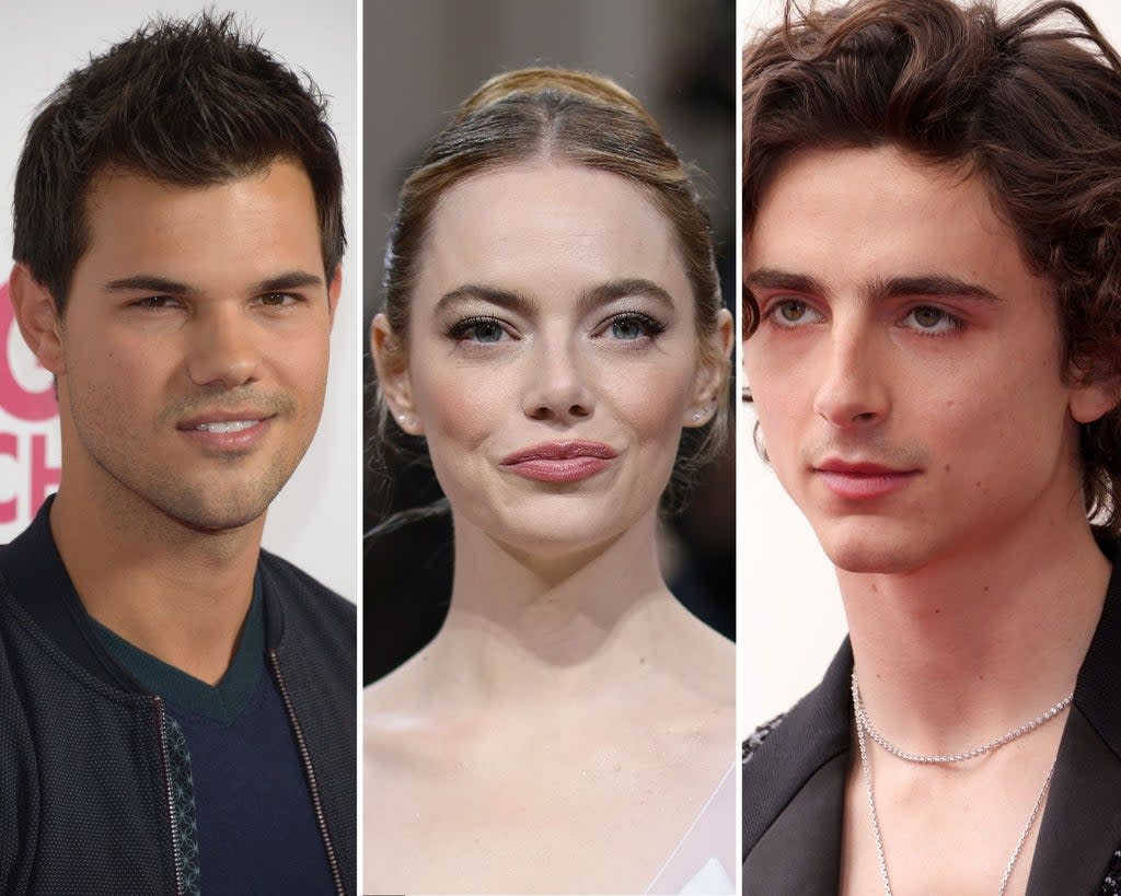 Left to right: Taylor Lautner, Emma Stone and Timotheé Chalamet (Getty Images)