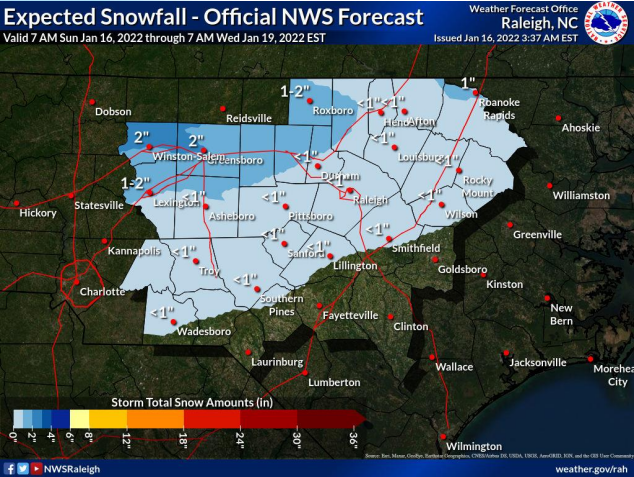 This forecast map from the National Weather Service in Raleigh shows an anticipated 1 to 2 inch snowfall for Alamance County on Sunday, Jan. 16.