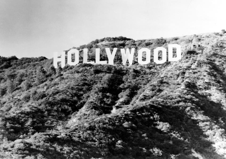 The Hollywood sign on Mount Lee in the Hollywood Hills, overlooking Hollywood in Los Angeles, California.