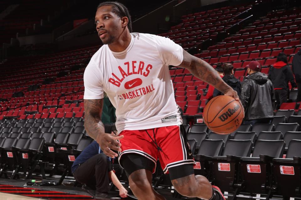 Eric Bledsoe #5 of the Portland Trail Blazers warms up before the game against the Denver Nuggets on February 27, 2022 at the Moda Center Arena in Portland, Oregon.