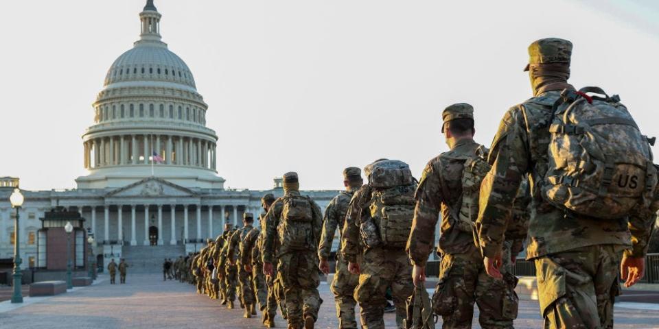 Members of the U.S. National Guard arrive at the U.S. Capitol on January 12, 2021 in Washington, DC.