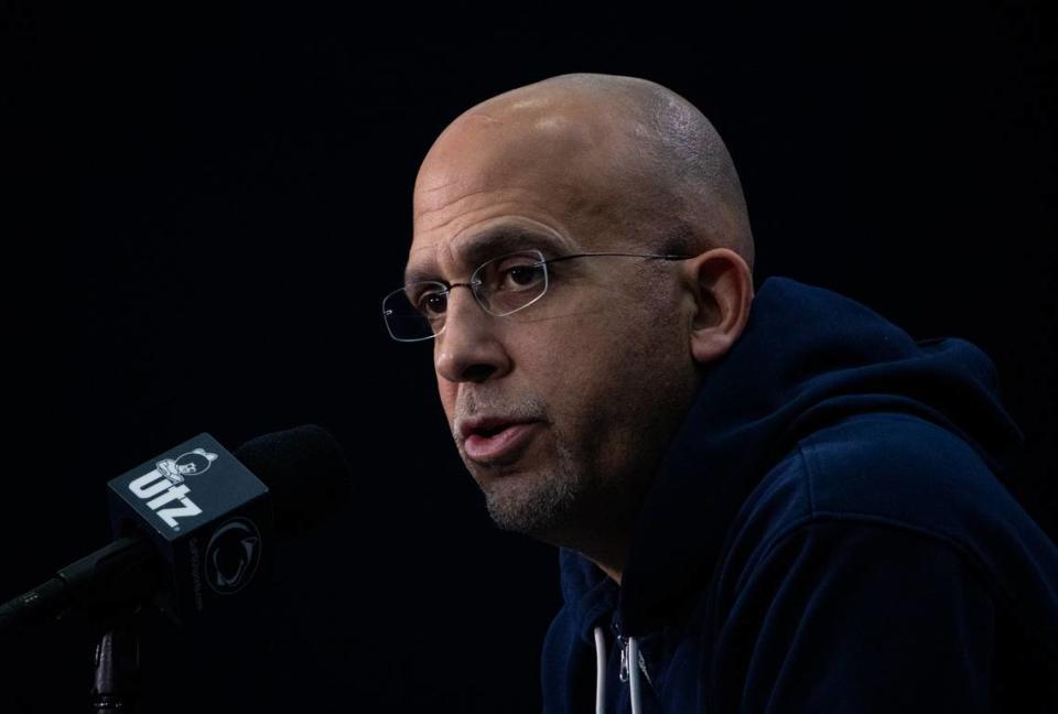 Penn State football head coach James Franklin addresses press members on Friday, Dec. 15, 2023 during Peach Bowl media day at Beaver Stadium.