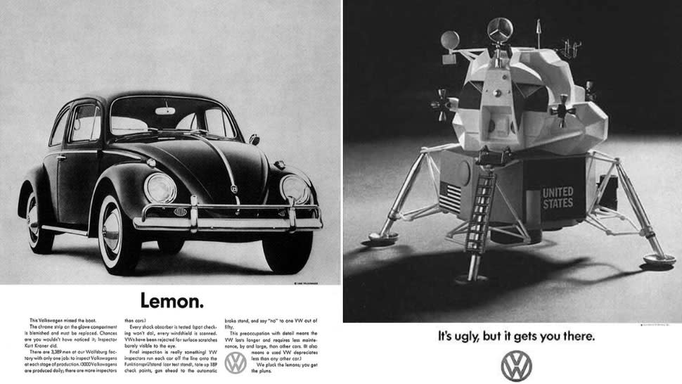  VW advert from the 1960s a VW car and a spaceship. 