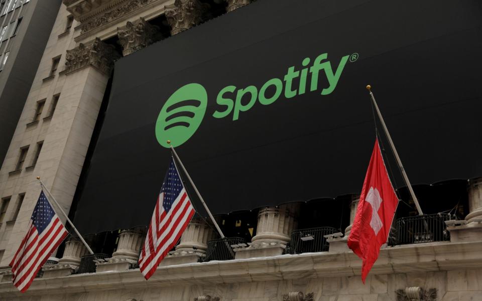 Spotify hanging on the facade of the New York Stock Exchange - Reuters
