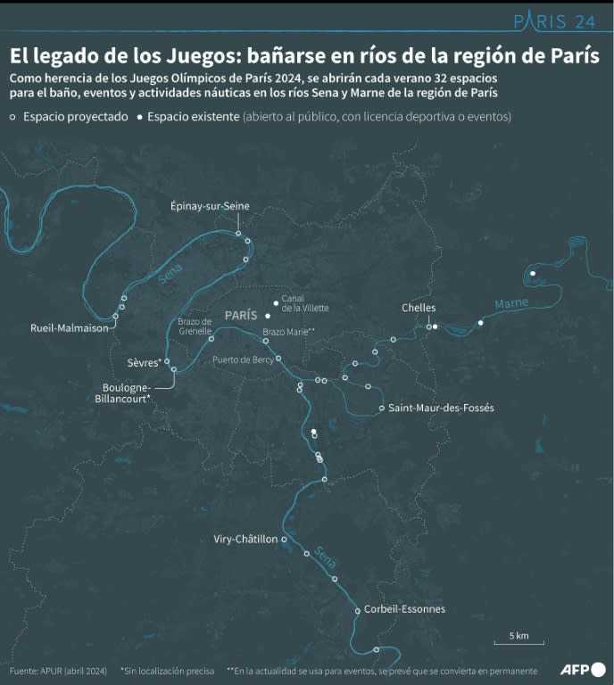 Mapa de los espacios para el baño en los ríos Sena y Marne, previstos como legado de los Juegos Olímpicos y Paralímpicos de París-2024 (Laurence Saubadu)