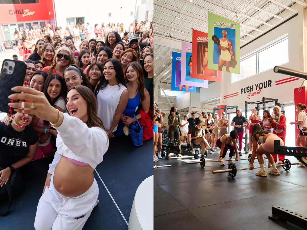 A composite image or Krissy Cela taking a selfie with fans, and women working out in an Oner Active gym.