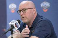 David Griffin, New Orleans Pelicans executive vice president of Basketball Operations, speaks during the NBA basketball team's Media Day in New Orleans, Monday, Sept. 27, 2021. (AP Photo/Matthew Hinton)