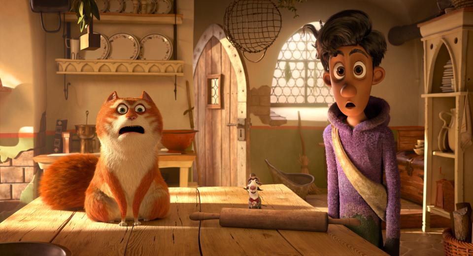 Maurice the cat (voiced by Hugh Laurie, far left), Sardines the theatrical rat (Joe Sugg), Keith the piper (Himesh Patel) and their pals get into various misadventures in the animated comedy "The Amazing Maurice."