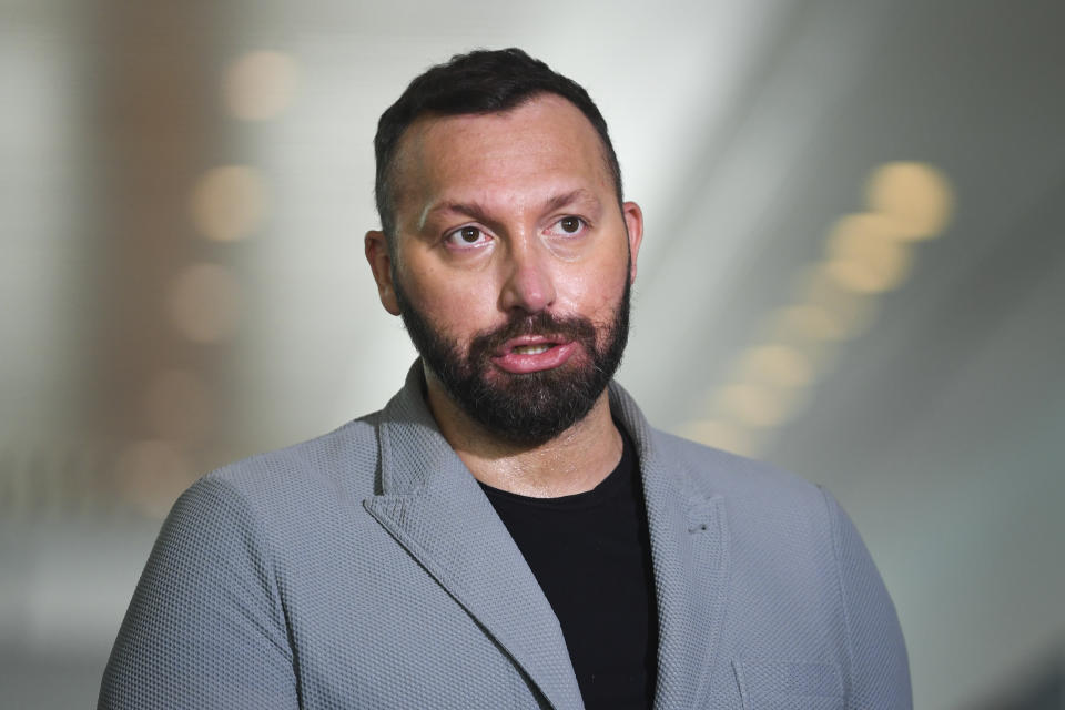 Pictured is Olympic Champion Ian Thorpe speaking to the media during a press conference at Parliament House in Canberra, about the religious discrimination bill