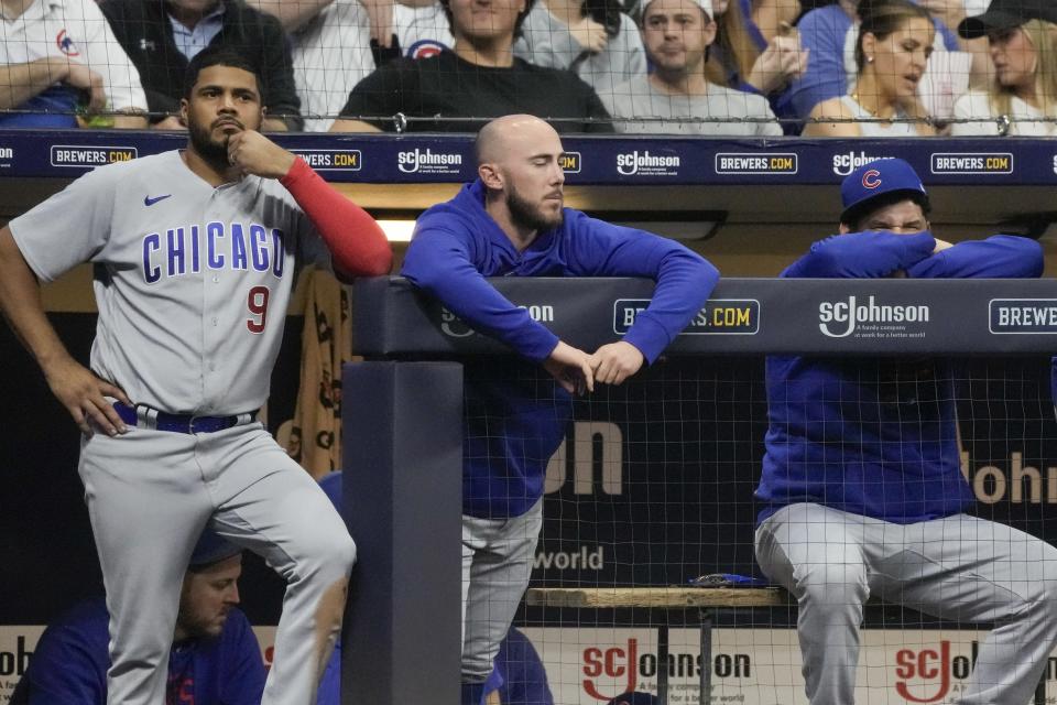 The Chicago Cubs dugout is seen during the eighth inning of a baseball game against the Milwaukee Brewers Saturday, Sept. 30, 2023, in Milwaukee. The Miami Marlins won their game to eliminate the Cubs from post season contention. (AP Photo/Morry Gash)