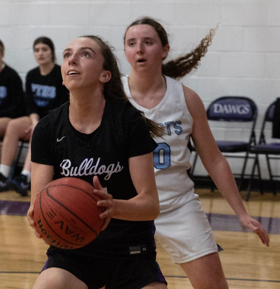 Rumson Sylvie Notine drives to the basket. Rumson-Fair Haven Girls basketball defeats Freehold Township in Rumson NJ on February 6, 2024.