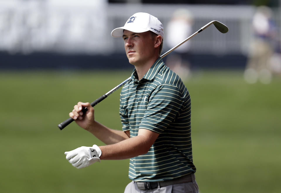 Jordan Spieth walks down the 15th fairway during a practice round of The Players Championship golf tournament, Wednesday, March 13, 2019, in Ponte Vedra Beach, Fla. (AP Photo/Lynne Sladky)