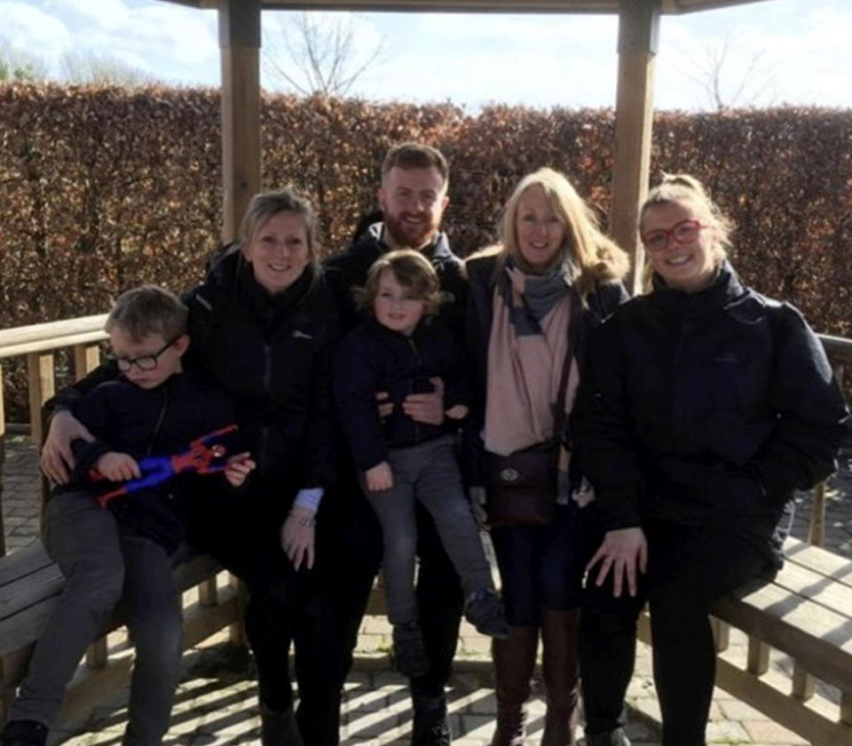 Pictured L-R: Grandson Harry Souttar, daughter Emily Souttar, son Lewis Wheatley and Oscar Souttar, Alison Wheatley and daughter in law Ruth Percival. (Brain Tumour Research/SWNS)