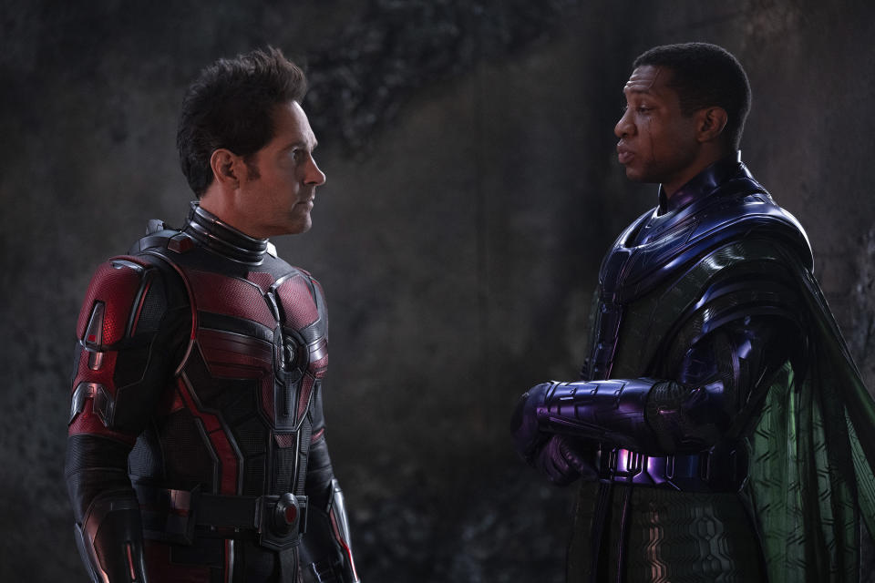 This image released by Disney shows Paul Rudd, left, and Jonathan Majors in a scene from "Ant-Man and the Wasp: Quantumania." (Disney/Marvel Studios via AP)