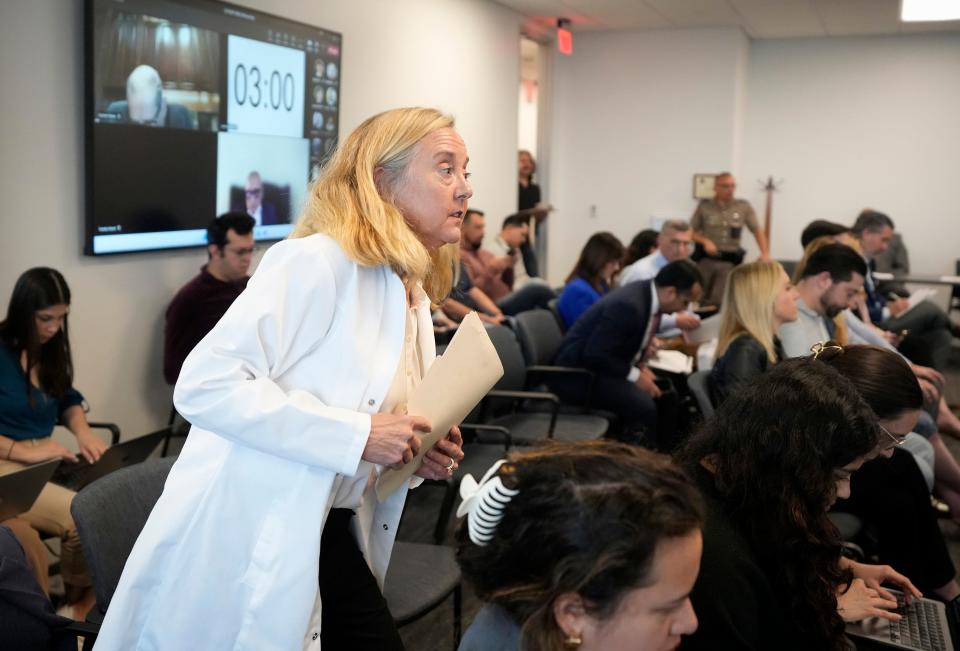 Dr. Ingrid Skop, who was recently appointed to Texas’ maternal mortality review committee, speaks at the Texas Medical Board meeting about guidance for physicians for medical exceptions to the state’s abortion ban laws in Austin, on March 22, 2024.