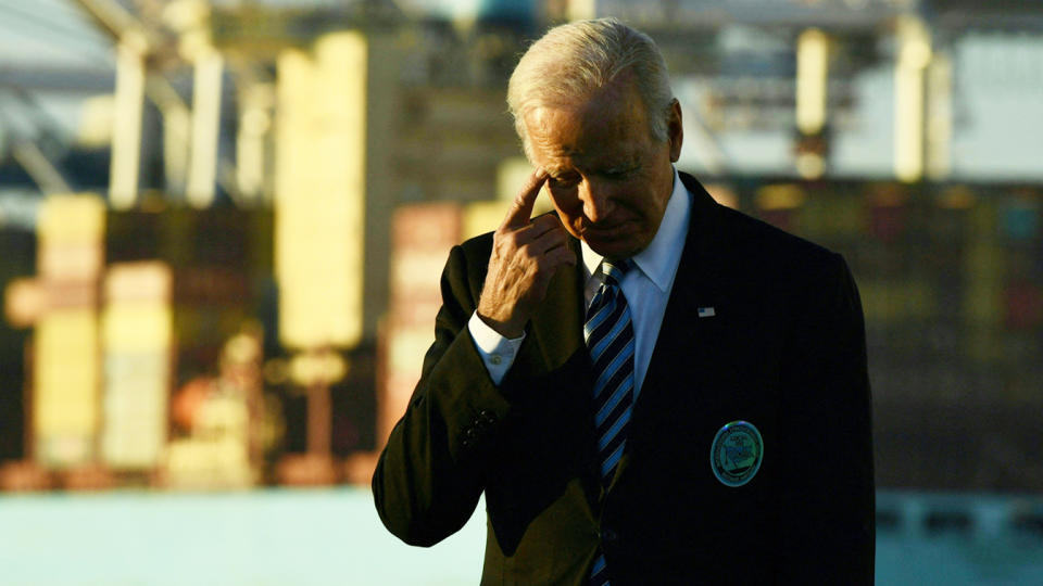 President Biden waits for his turn to speak during a visit to the Port of Baltimore on Wednesday. 