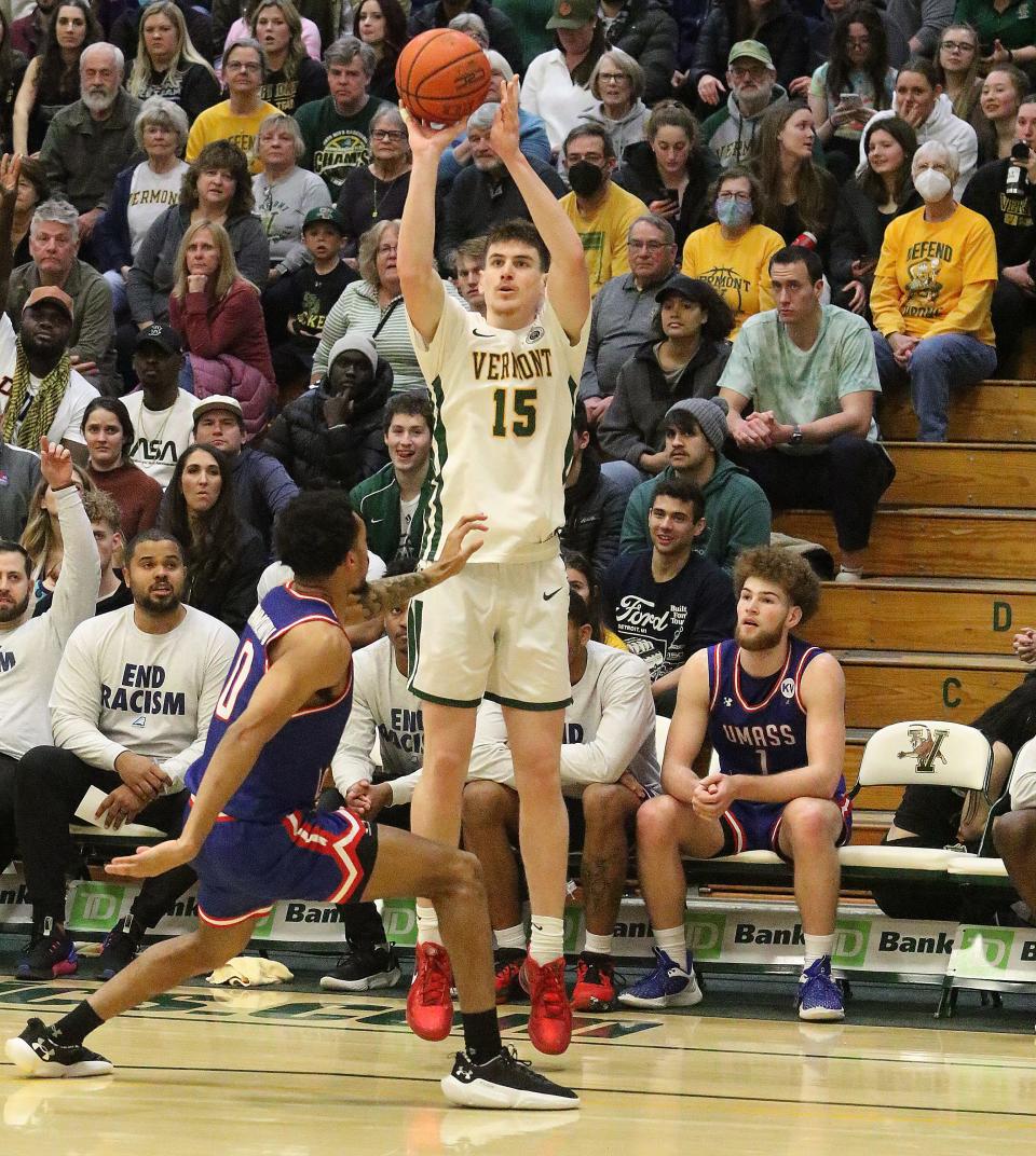Vermont's Finn Sullivan shoots a 3-pointer during the Catamounts' 93-81 America East Conference win over UMass Lowell at Patrick Gym on Saturday, Feb. 11, 2023.