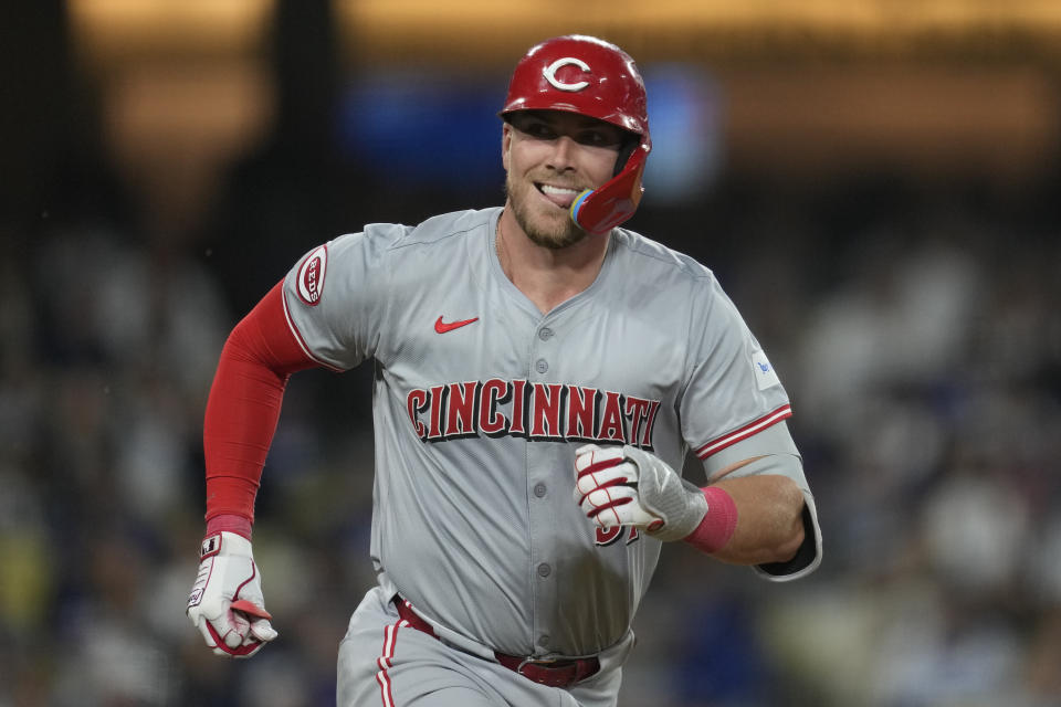 Cincinnati Reds' Tyler Stephenson reacts after a single during the third inning of a baseball game against the Los Angeles Dodgers in Los Angeles, Thursday, May 16, 2024. Elly De La Cruz scored. (AP Photo/Ashley Landis)