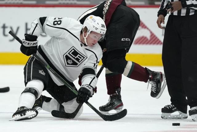 Los Angeles Kings goaltender Jonathan Quick protects the goal during the  first period of an NHL hockey game against the Arizona Coyotes Monday, May  3, 2021, in Glendale, Ariz. (AP Photo/Ross D.