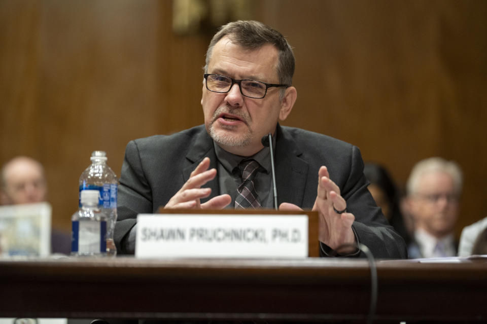 Shawn Pruchnicki, Ph.D, a Professional Practice Assistant Professor for Integrated Systems Engineering at The Ohio State University testifies during a Senate Homeland Security and Governmental Affairs - Subcommittee on Investigations hearing to examine Boeing's broken safety culture on Wednesday, April 17, 2024, in Washington. (AP Photo/Kevin Wolf)