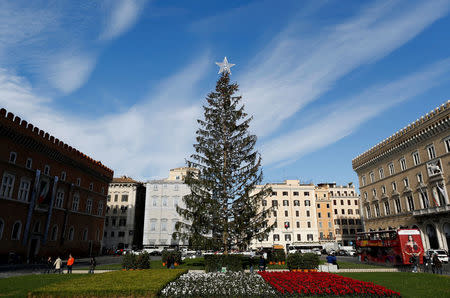 A Christmas tree is seen in downtown Rome, Italy December 19, 2017. REUTERS/Tony Gentile