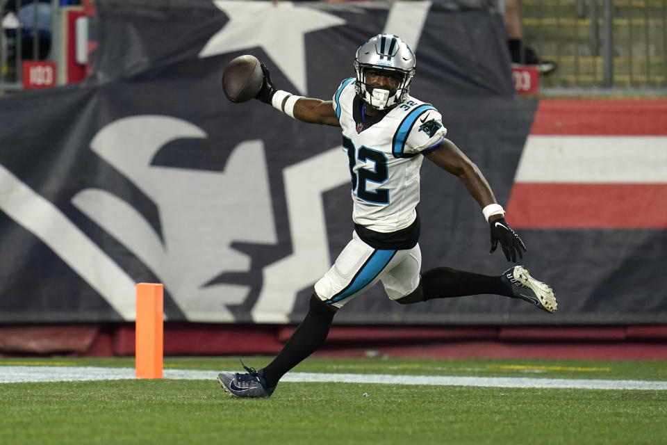 Carolina Panthers cornerback Tae Hayes runs into the end zone for a touchdown on an interception during the second half of the team's preseason NFL football game against the New England Patriots, Friday, Aug. 19, 2022, in Foxborough, Mass. (AP Photo/Charles Krupa)