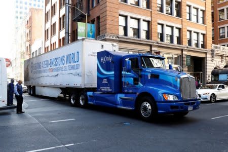 FILE PHOTO: A Toyota Project Portal hydrogen fuel cell electric semi-truck is shown during an event in San Francisco, California, U.S., September 13, 2018. REUTERS/Stephen Lam/File Photo