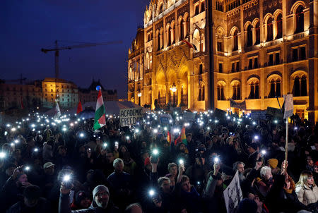 People attend a rally for the Soros-founded Central European University, in front of Hungary's Parliament building in Budapest, Hungary, November 24, 2018. REUTERS/Bernadett Szabo