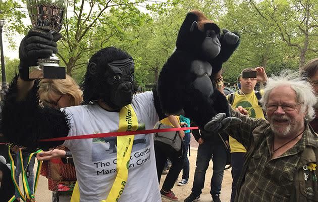 Mr Gorilla has crossed the finish line of the London Marathon. Photo: AAP