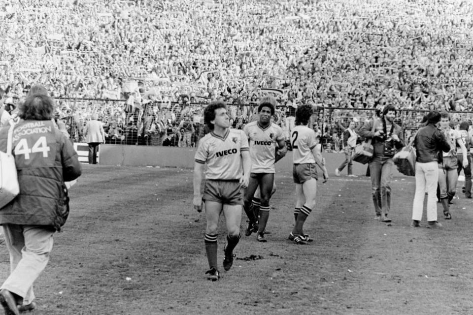 Watford Observer: Thousands of Watford fans celebrate as Wilf Rostron looks up into the Villa Park stands