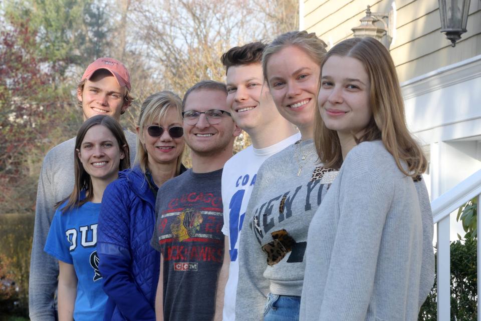 Throughout the coronavirus pandemic, Rita Stephanz, third from left, is hosting her children, their friends, and significant others in her Larchmont, N.Y. home. Along with Stephanz, members of the newly formed household, photographed March 26, 2020 are her son Grant, 17, left, daughter Liza, 24, Zach Blumenfeld, 27, of New York City, John Hammel Strauss, 27, of New York City, daughter Hannah, 27, and John's sister Marian, 23, also of New York City.