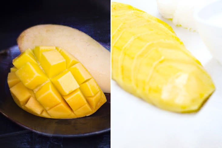 Cut your mangoes whichever way you prefer, be it cubes or slices.