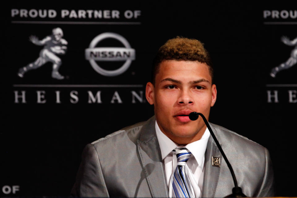 NEW YORK, NY - DECEMBER 10: Heisman Trophy finalist Tyrann Mathieu of the LSU Tigers speaks during a press conference at The New York Marriott Marquis on December 10, 2011 in New York City. (Photo by Jeff Zelevansky/Getty Images)