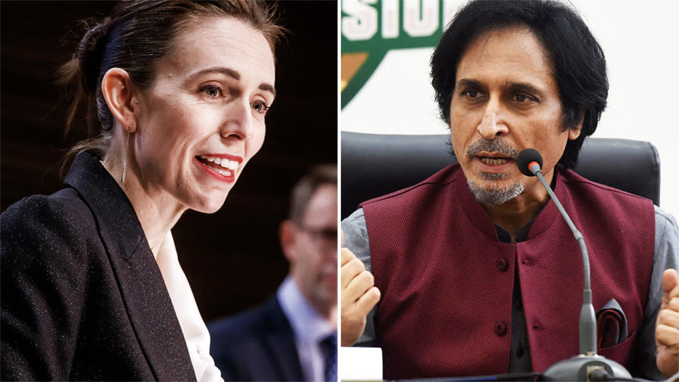 Jacinda Ardern and Ramij Raja, pictured here following New Zealand's abandonment of their tour of Pakistan.