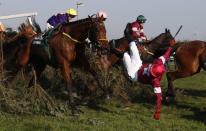 Britain Horse Racing - Grand National Festival - Aintree Racecourse - 8/4/17 Donagh Meyler falls off of Measureofmydreams during the 5:15 Randox Health Grand National Reuters / Phil Noble Livepic