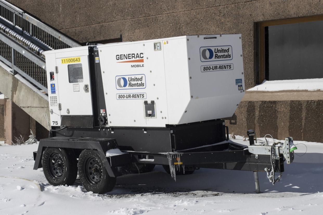 Mt Hood, OR, USA - Nov 16, 2021: A Generac mobile diesel generator owned by United Rentals is seen in a ski resort on Mount Hood, Oregon.