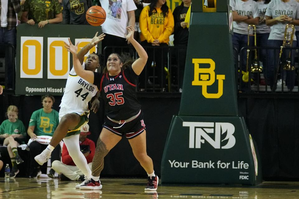 Baylor’s Dre’Una Edwards (44) and forward Alissa Pili (35) compete for a rebound during the second half of an NCAA college basketball game, Tuesday, Nov. 14, 2023, in Waco, Texas. Baylor won 84-77. | Julio Cortez, Associated Press