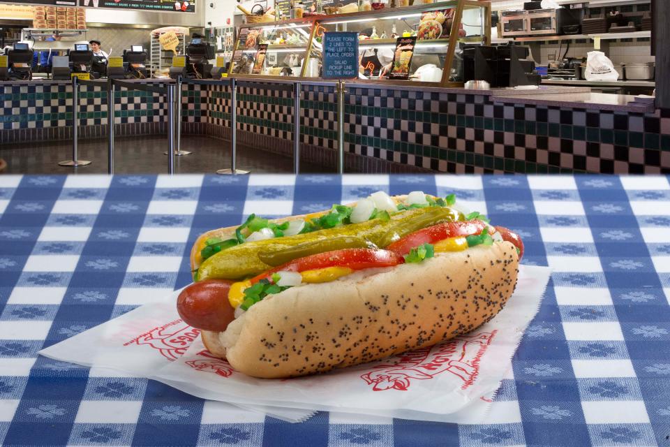 A Portillo's Chicago style hot dog.
