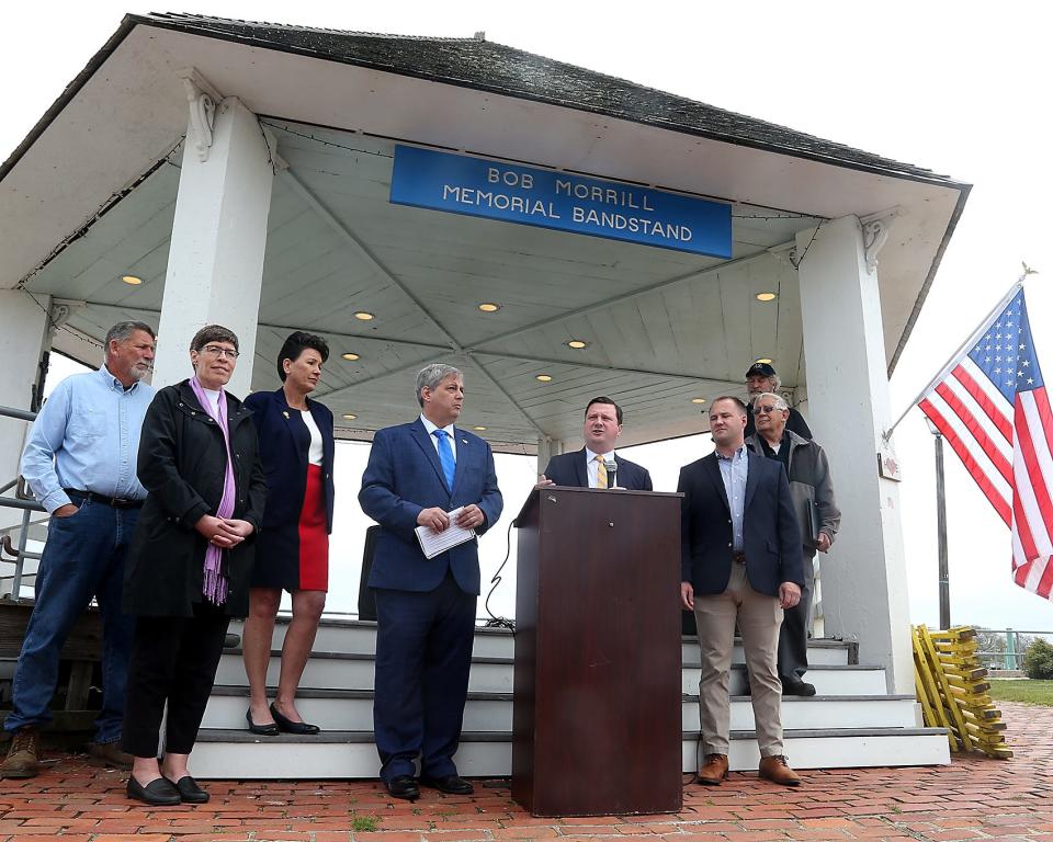 Sen. Patrick O’Connor talks about his budget amendment 187 that would provide relief to lobstermen in the off season during the press conference for Senate budget amendment 187 at the Scituate bandstand on Friday, May 20, 2022.