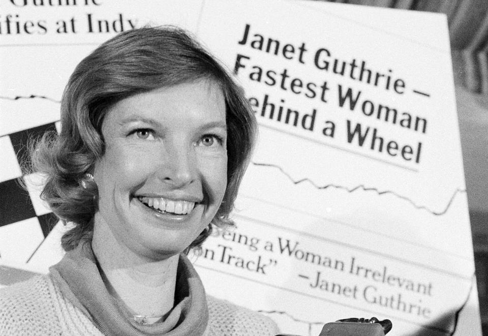 FILE - Janet Guthrie, the only woman race car driver to qualify for the Indianapolis 500, poses at a news conference in New York City, Thursday, April 6, 1978. Now 85, Guthrie is able to joke about the lack of respect of she received from her male peers, largely because she is certain she proved herself on the racetrack. Guthrie will be inducted into the NASCAR Hall of Fame on Friday, Jan. 19, 2024. (AP Photo/Marty Lederhandler, File)