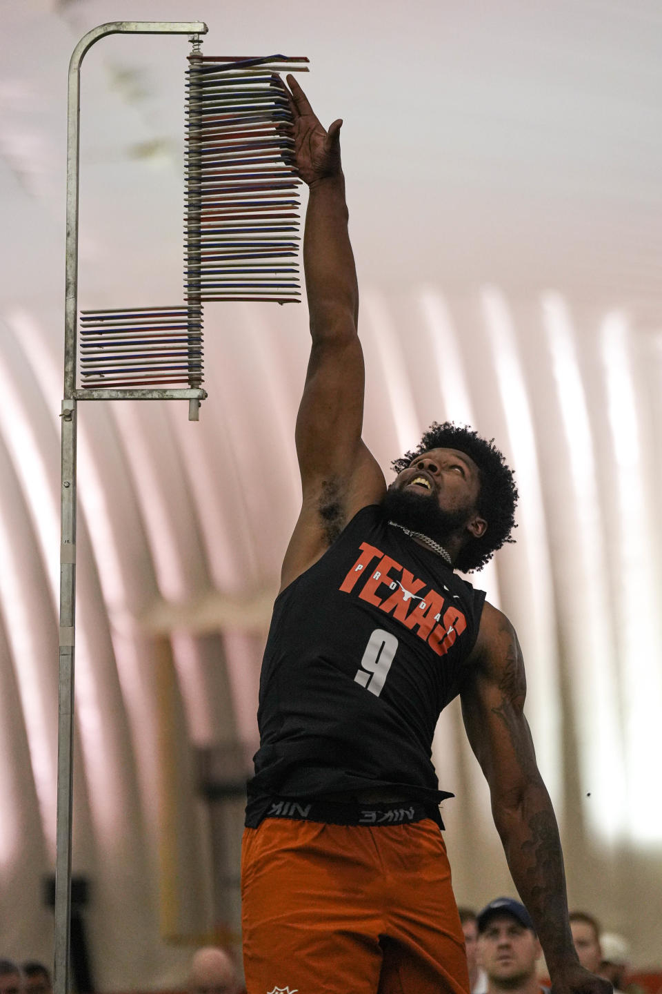 Former Texas tight end Jahleel Billingsley participates in the vertical jump test at the Longhorns' annual pro day in March. Billingsley has the measurables preferred by NFL scouts, but also had a quiet collegiate career.
