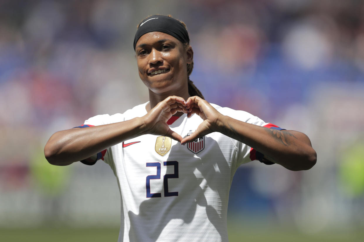 United States forward Jessica McDonald is introduced during a send-off ceremony ahead of the FIFA Women's World Cup after an international friendly soccer match against Mexico, Sunday, May 26, 2019, in Harrison, N.J. The U.S. won 3-0. (AP Photo/Julio Cortez)