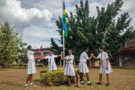 Cynthia Ikirezi (centre) beams with her fellow prefects, student leaders, at Gashora Girls Academy in Rwanda. Educating girls and preparing them for leadership roles are government priorities to empower women. (National Geographic/Yagazie Emezi)