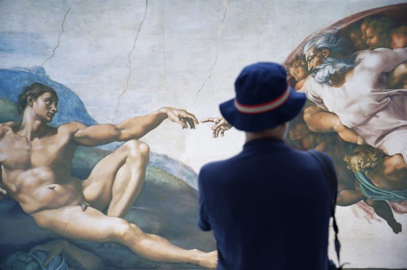 An image of art found in the Sistine Chapel is seen at an exhibit in New York City. On November 1, 1512, the ceiling of the Sistine Chapel in Rome, one of Italian artist Michelangelo's most famous works, was exhibited to the public for the first time.&nbspFile Photo by John Angelillo/UPI