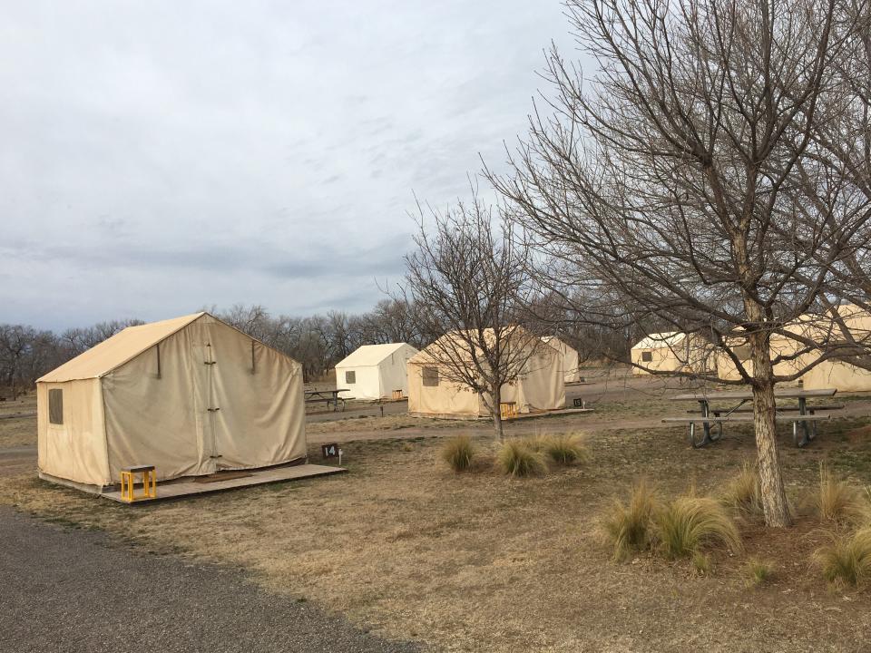 El Cosmico campsite with white tents.